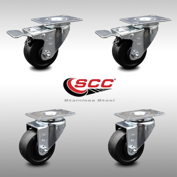 3.5 Inch SS Soft Rubber Wheel Top Plate Caster Total Lock Brakes SCC, 2PK
